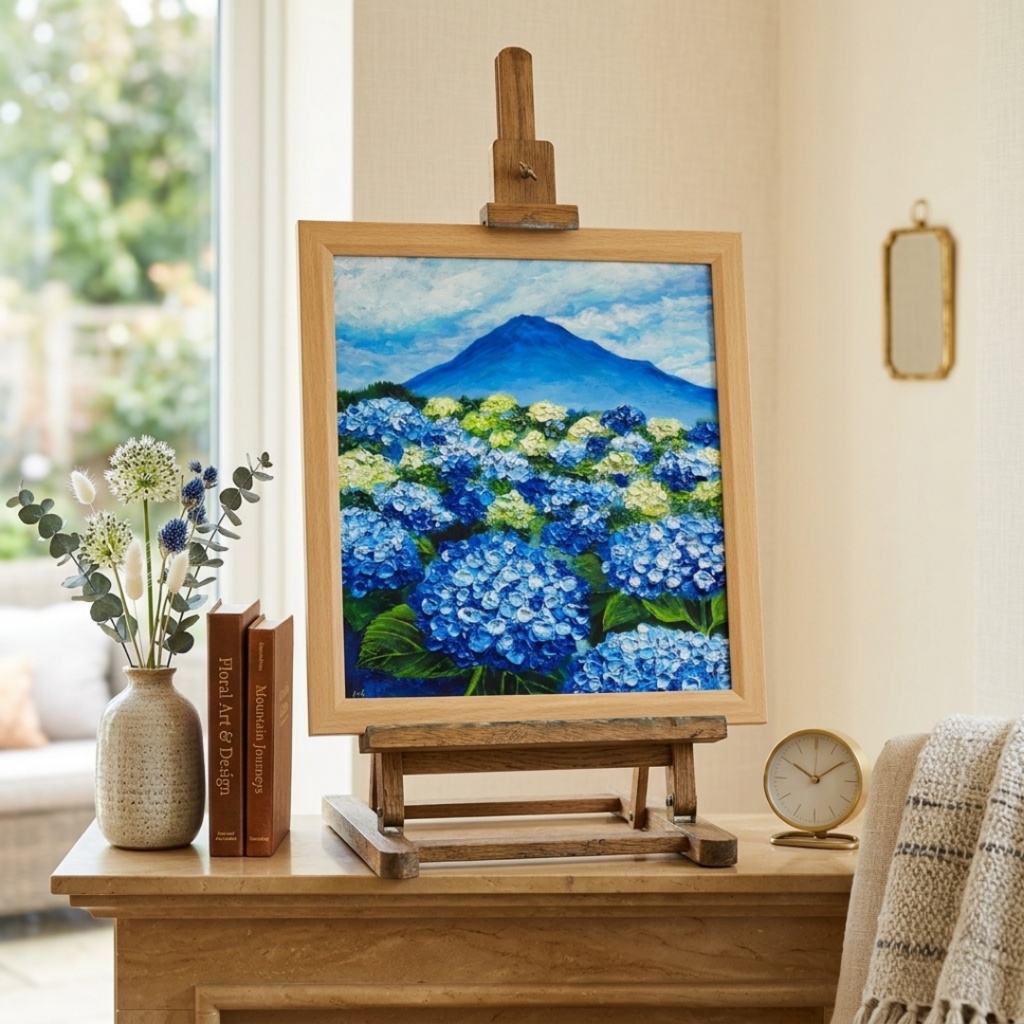 油絵 絵画【青の情景 〜富士と紫陽花の咲く丘〜】油彩画 風景画 アジサイ 富士山 初夏 梅雨 インテリア 壁掛け 額縁付