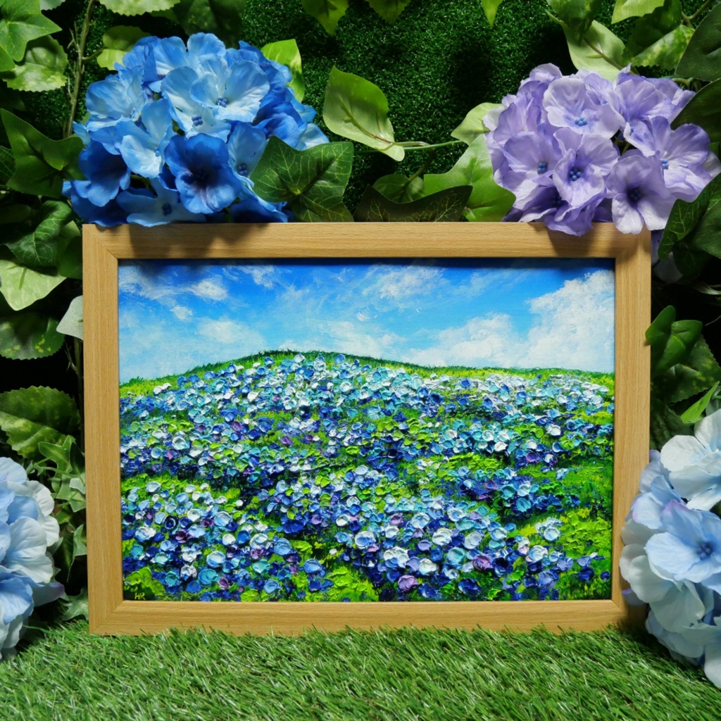 【原画】初夏の紫陽花の丘 油絵 絵画 インテリア 額縁付