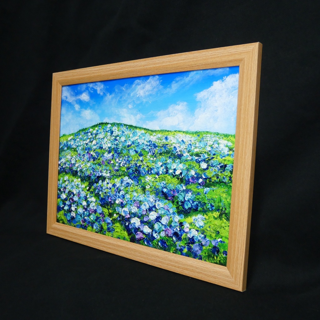【原画】初夏の紫陽花の丘 油絵 絵画 インテリア 額縁付
