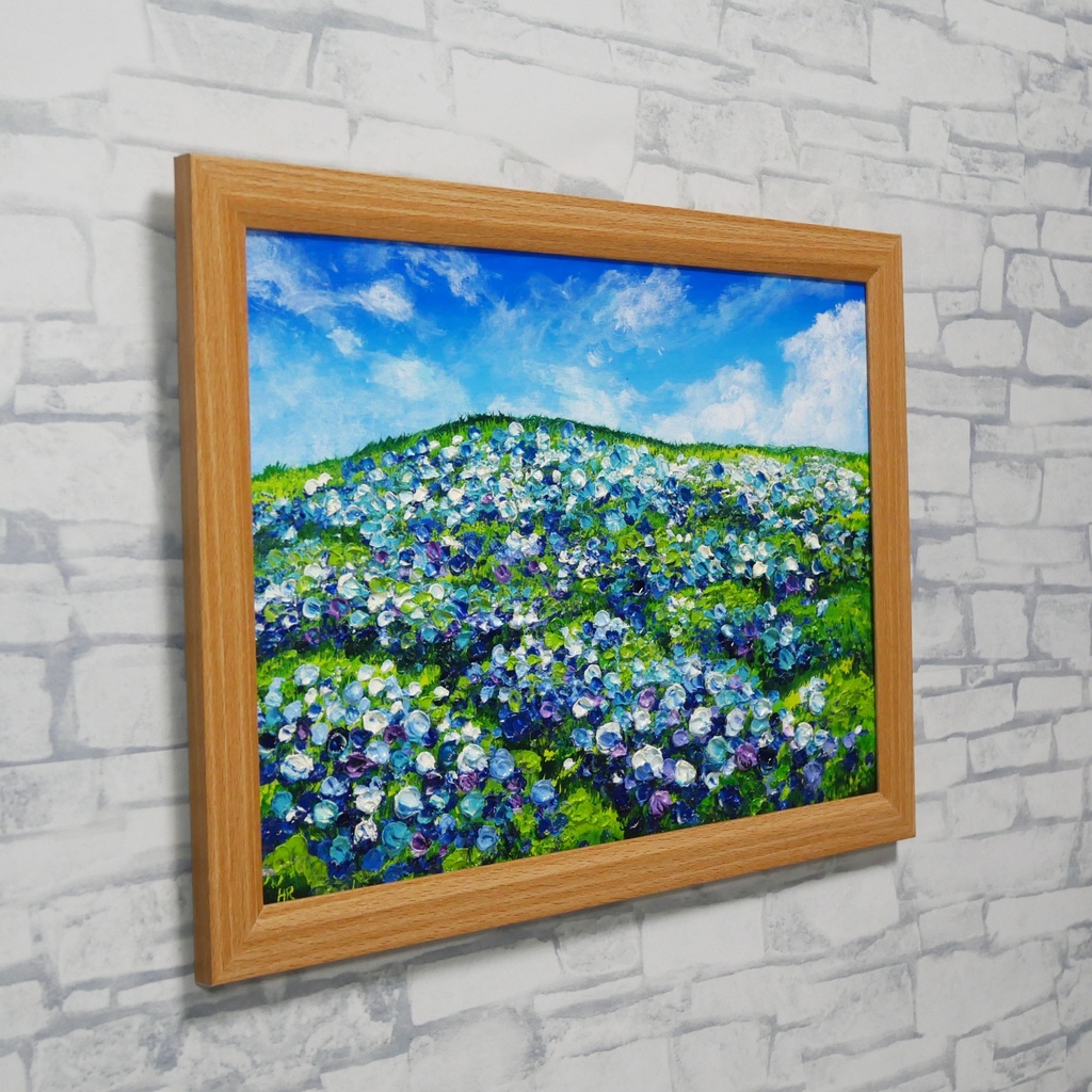 【原画】初夏の紫陽花の丘 油絵 絵画 インテリア 額縁付
