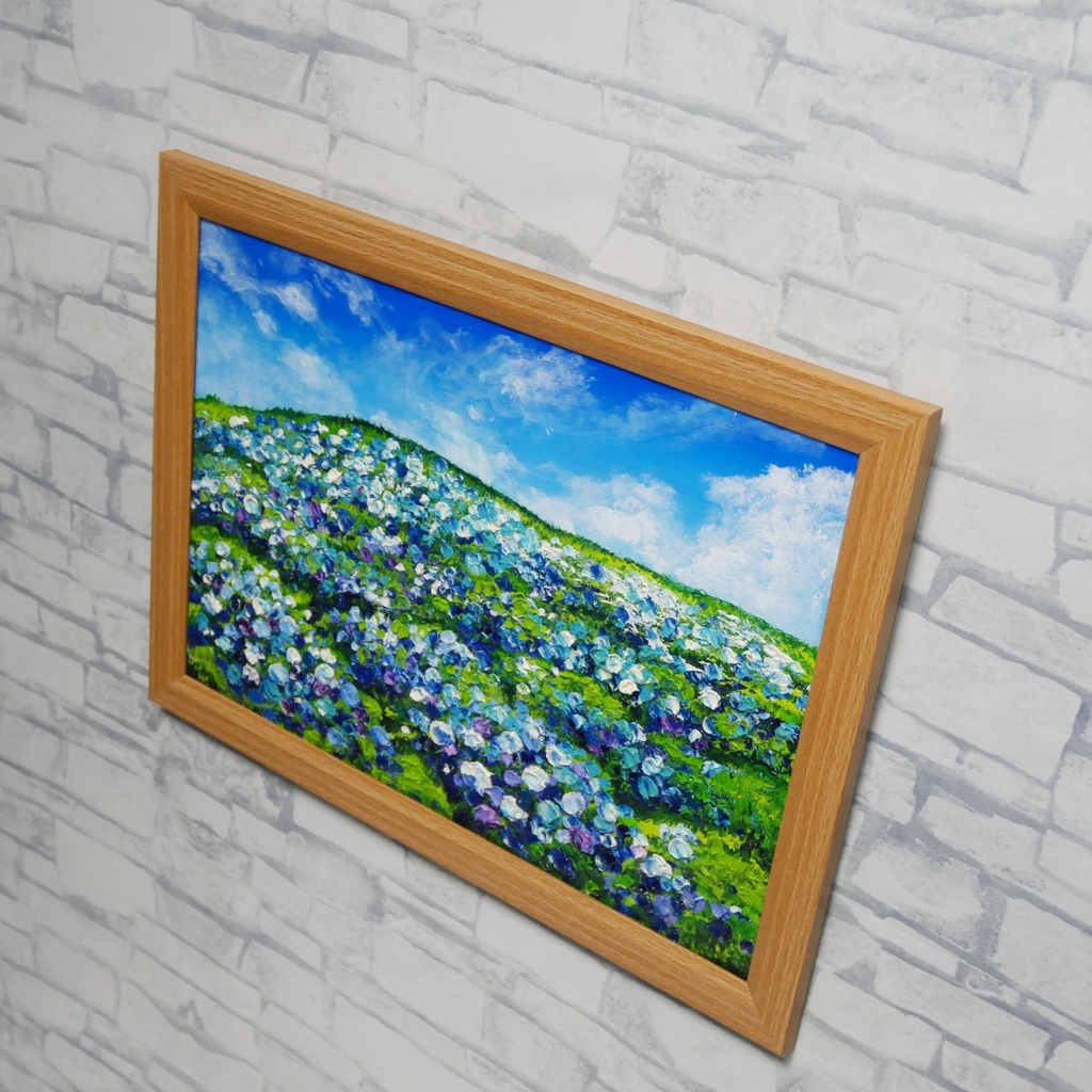 【原画】初夏の紫陽花の丘 油絵 絵画 インテリア 額縁付
