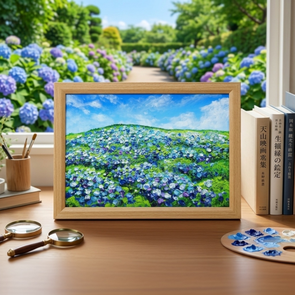 【原画】初夏の紫陽花の丘 油絵 絵画 インテリア 額縁付