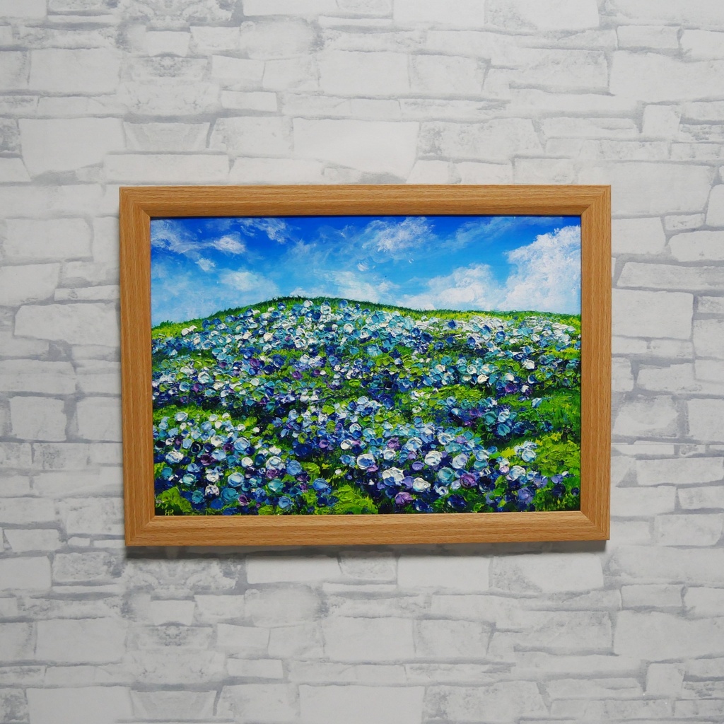【原画】初夏の紫陽花の丘 油絵 絵画 インテリア 額縁付