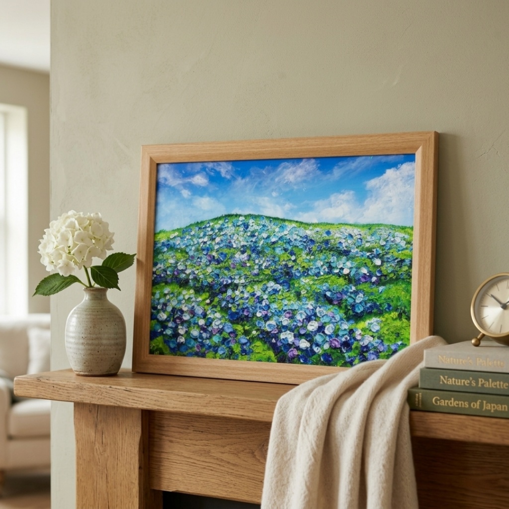 【原画】初夏の紫陽花の丘 油絵 絵画 インテリア 額縁付