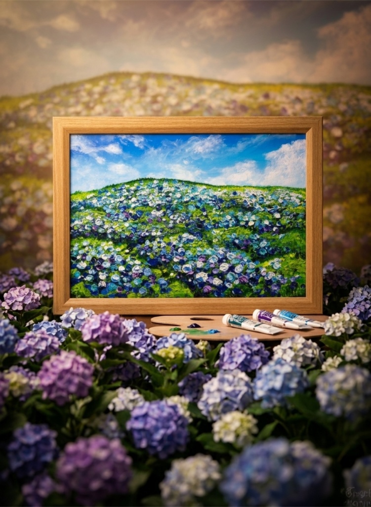 【原画】初夏の紫陽花の丘 油絵 絵画 インテリア 額縁付
