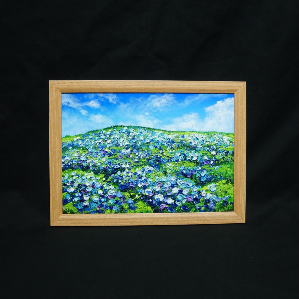 【原画】初夏の紫陽花の丘 油絵 絵画 インテリア 額縁付