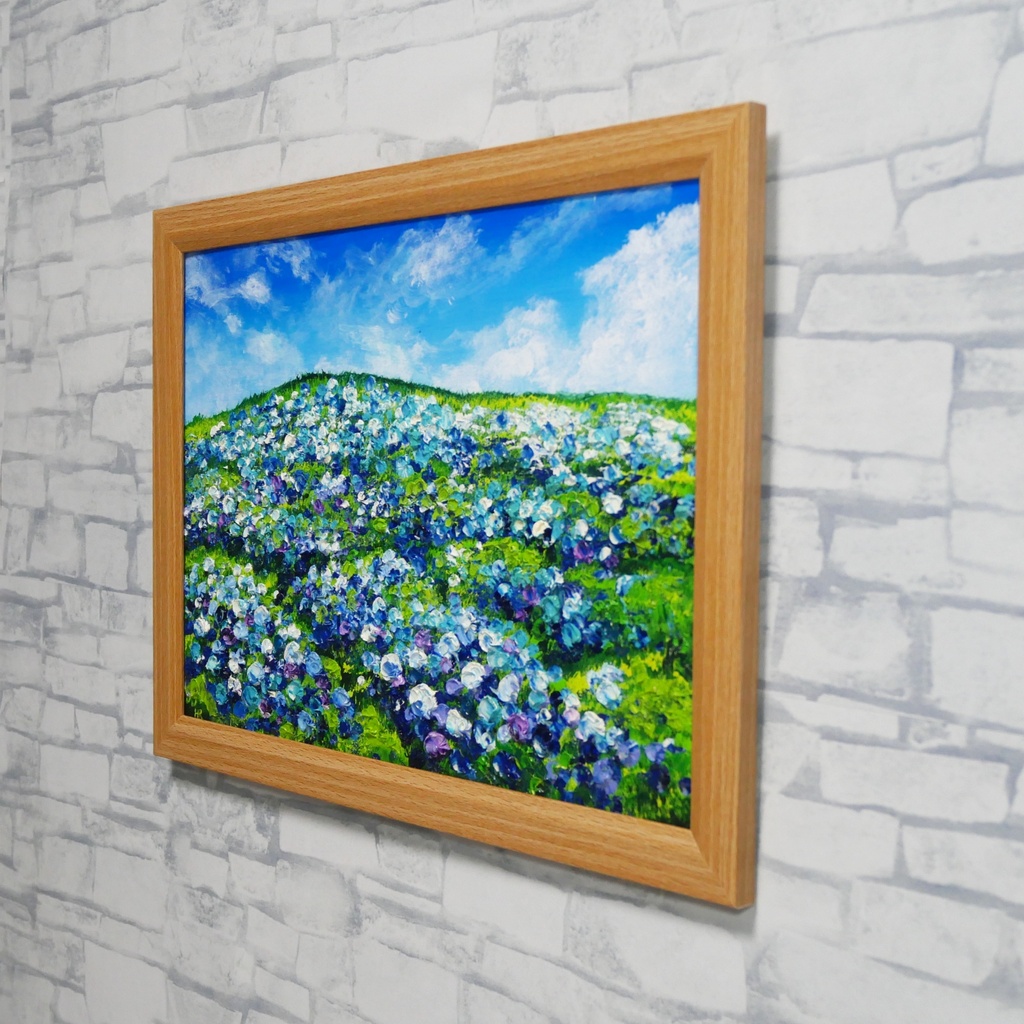 【原画】初夏の紫陽花の丘 油絵 絵画 インテリア 額縁付