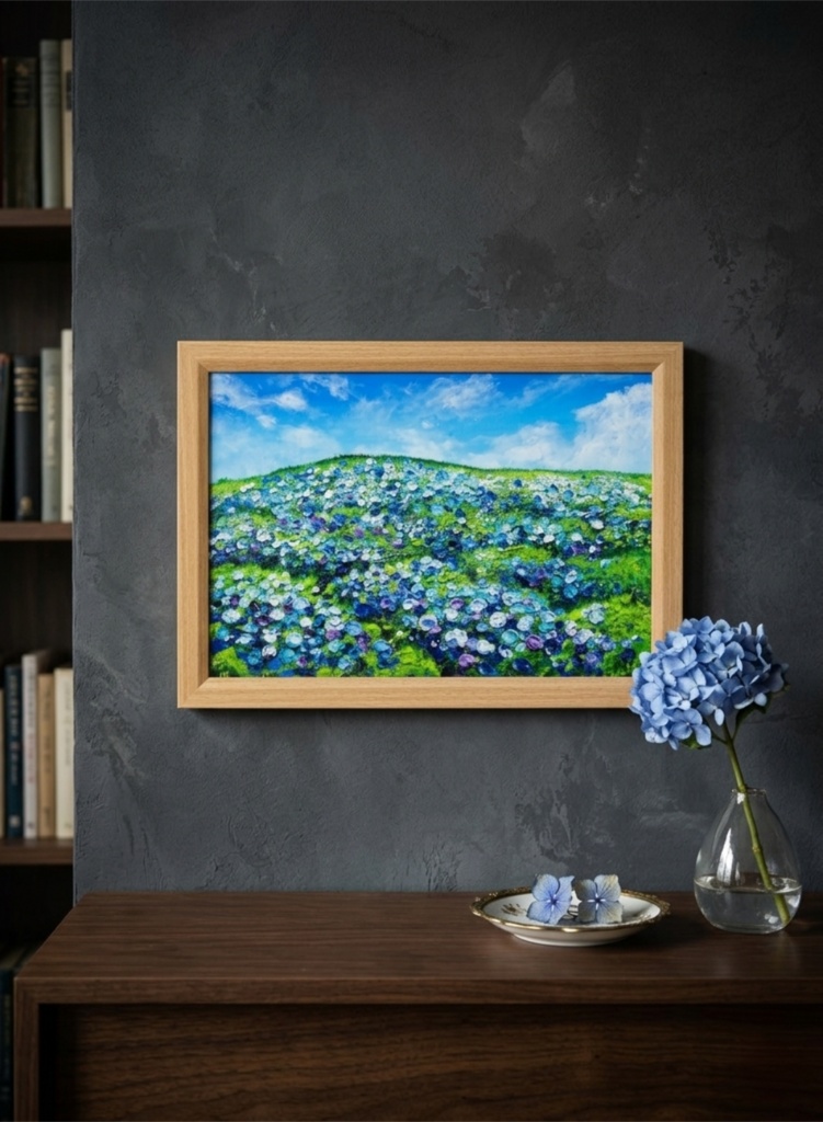 【原画】初夏の紫陽花の丘 油絵 絵画 インテリア 額縁付