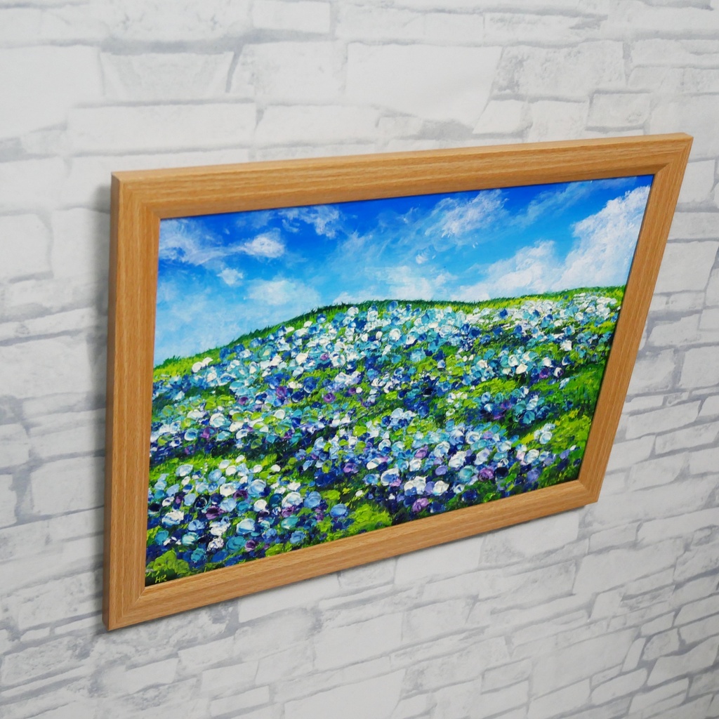 【原画】初夏の紫陽花の丘 油絵 絵画 インテリア 額縁付