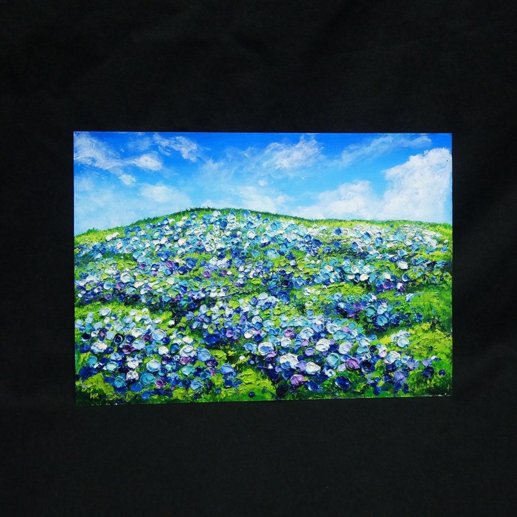 【原画】初夏の紫陽花の丘 油絵 絵画 インテリア 額縁付