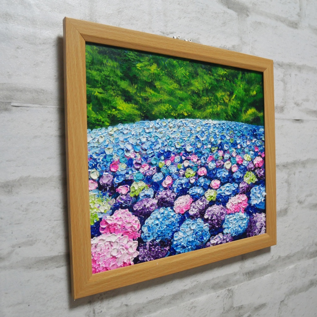 【原画】あじさいのワルツ*梅雨を彩る紫陽花畑の油絵(額縁付)