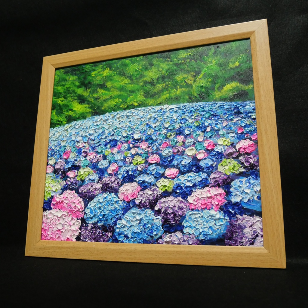 【原画】あじさいのワルツ*梅雨を彩る紫陽花畑の油絵(額縁付)