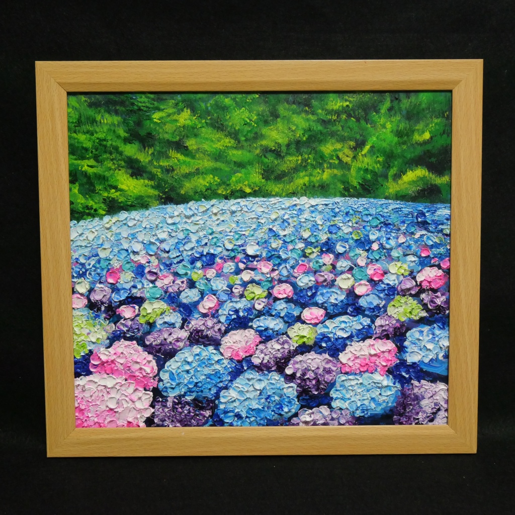 【原画】あじさいのワルツ*梅雨を彩る紫陽花畑の油絵(額縁付)
