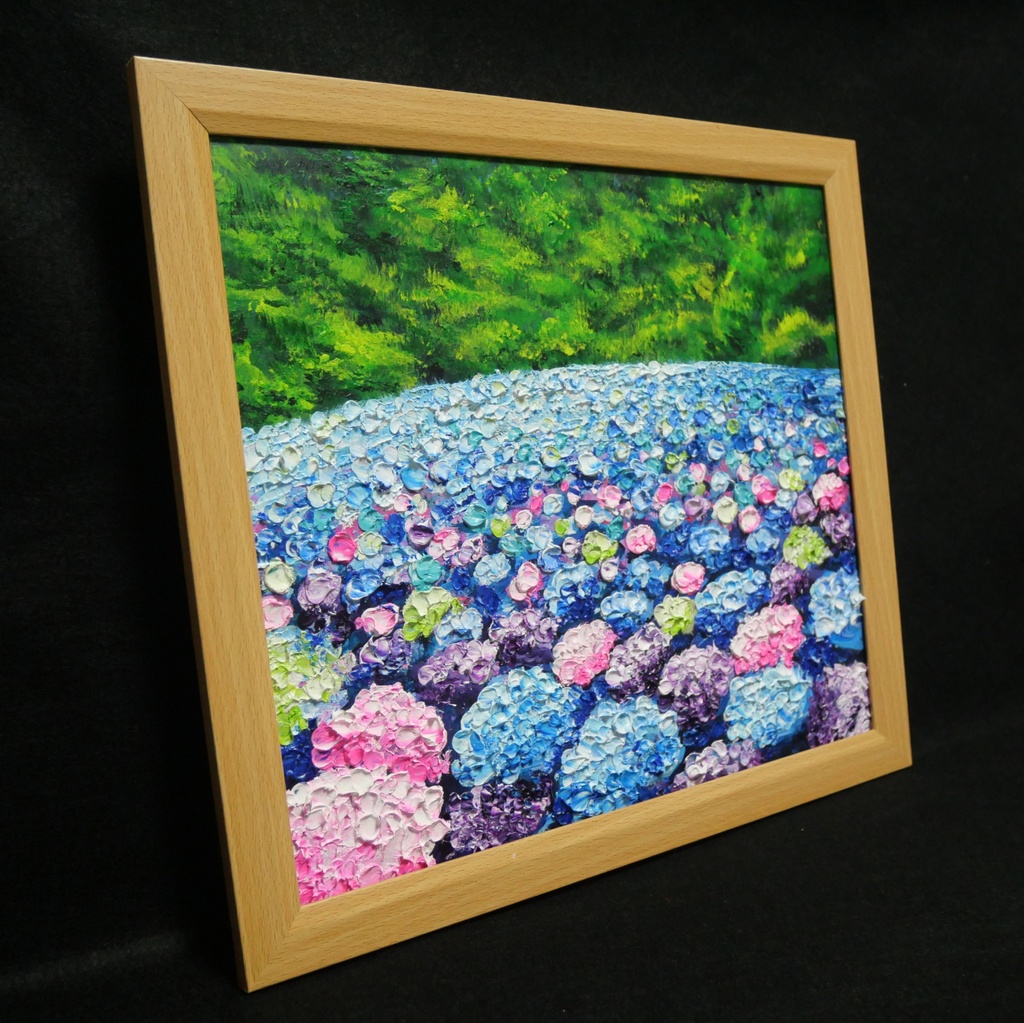【原画】あじさいのワルツ*梅雨を彩る紫陽花畑の油絵(額縁付)