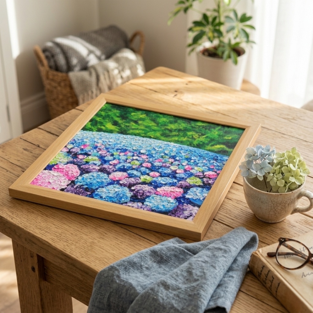 【原画】あじさいのワルツ*梅雨を彩る紫陽花畑の油絵(額縁付)
