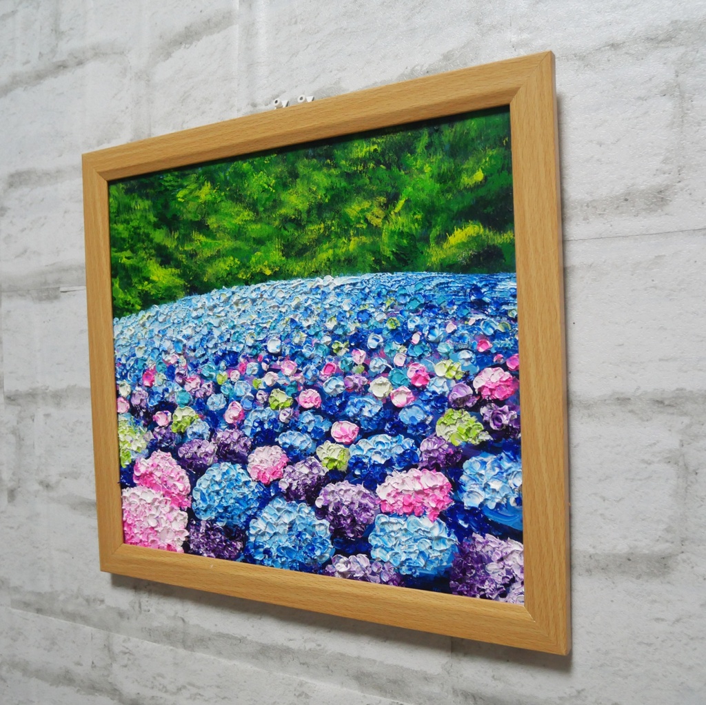 【原画】あじさいのワルツ*梅雨を彩る紫陽花畑の油絵(額縁付)