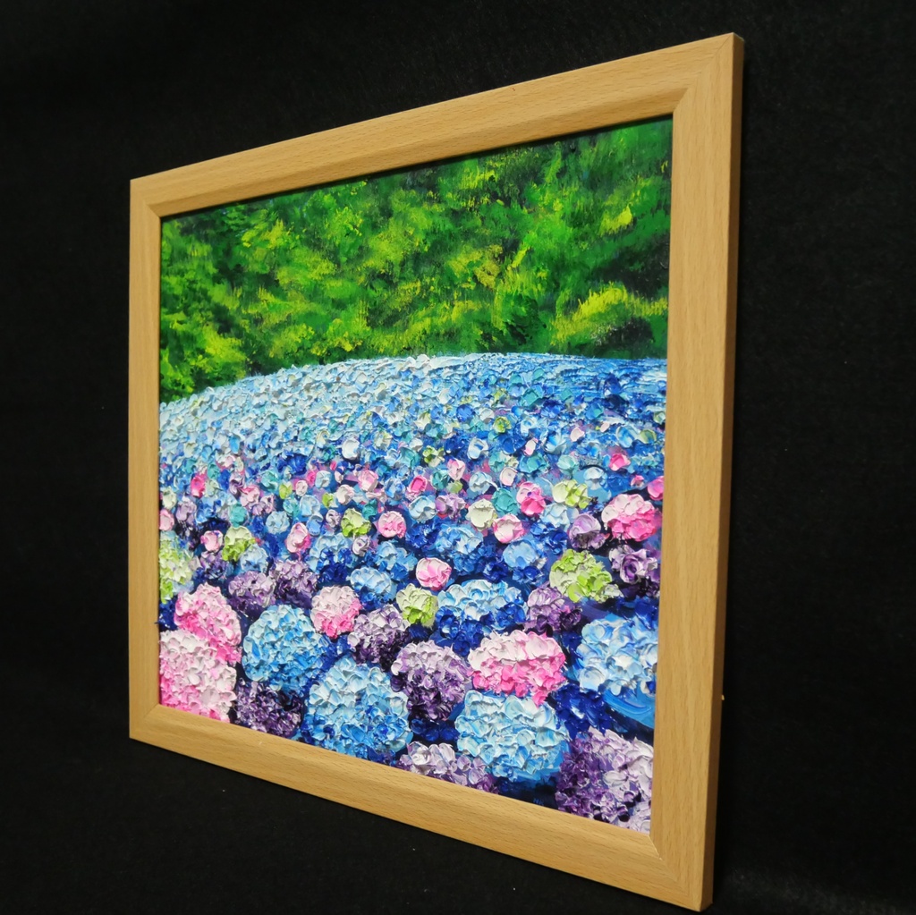 【原画】あじさいのワルツ*梅雨を彩る紫陽花畑の油絵(額縁付)