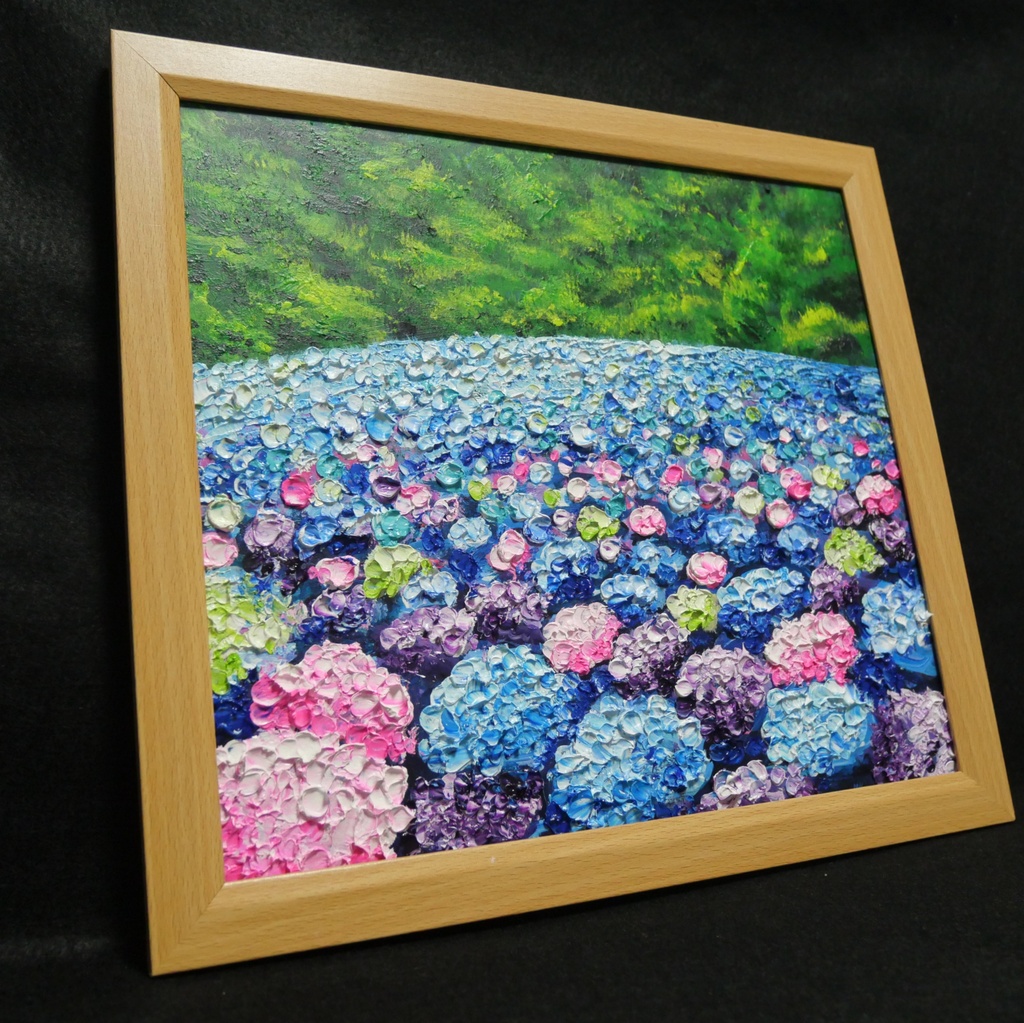 【原画】あじさいのワルツ*梅雨を彩る紫陽花畑の油絵(額縁付)