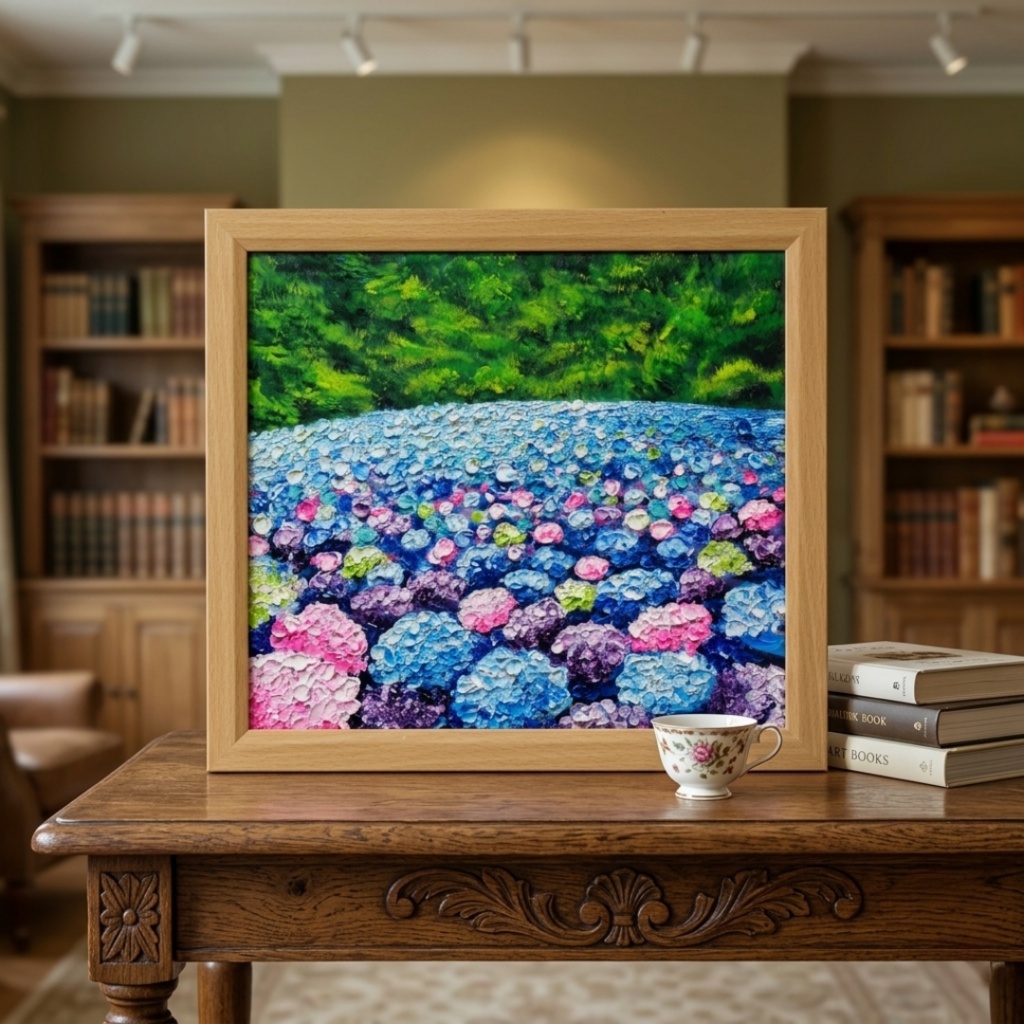 【原画】あじさいのワルツ*梅雨を彩る紫陽花畑の油絵(額縁付)