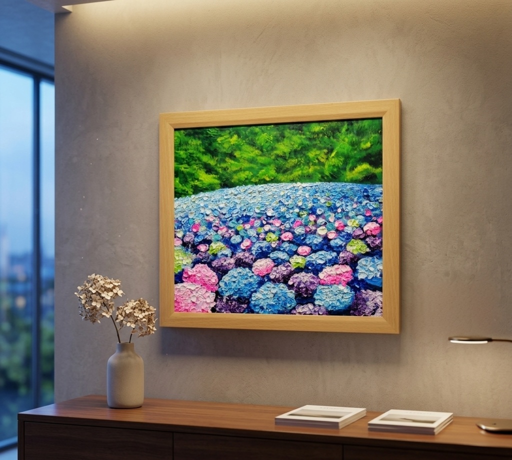 【原画】あじさいのワルツ*梅雨を彩る紫陽花畑の油絵(額縁付)