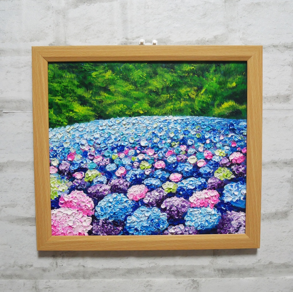 【原画】あじさいのワルツ*梅雨を彩る紫陽花畑の油絵(額縁付)