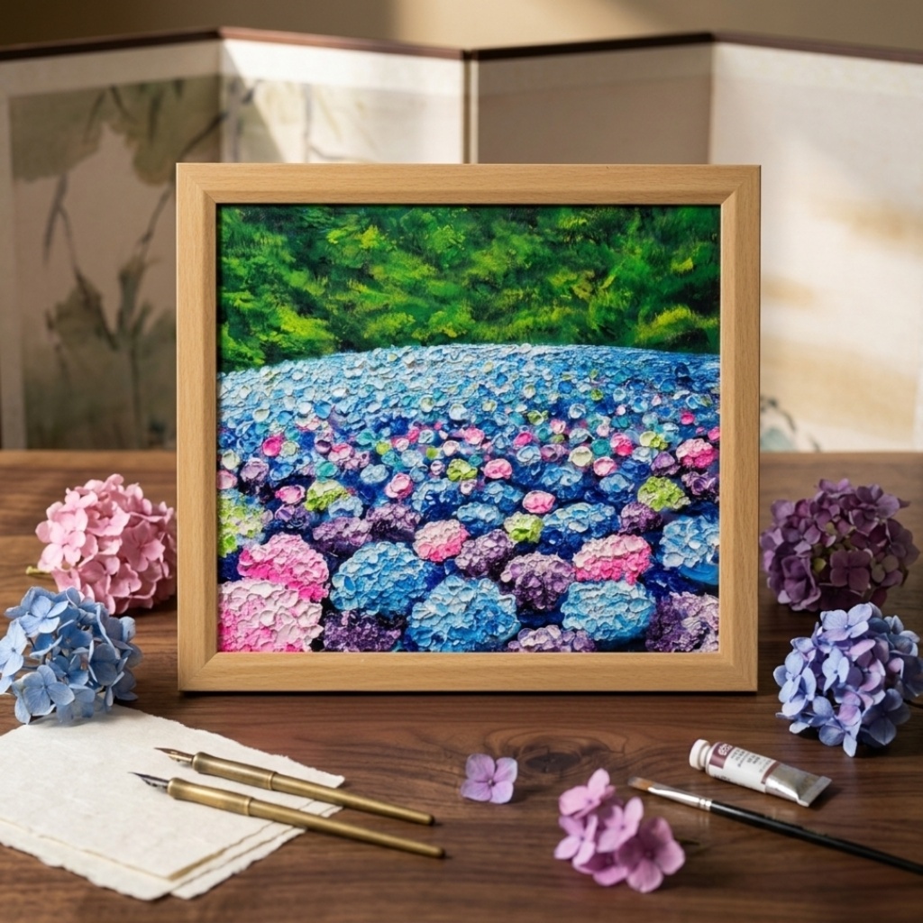 【原画】あじさいのワルツ＊梅雨を彩る紫陽花畑の油絵（額縁付）