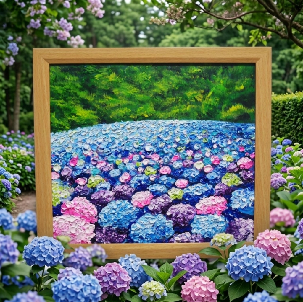 【原画】あじさいのワルツ*梅雨を彩る紫陽花畑の油絵(額縁付)