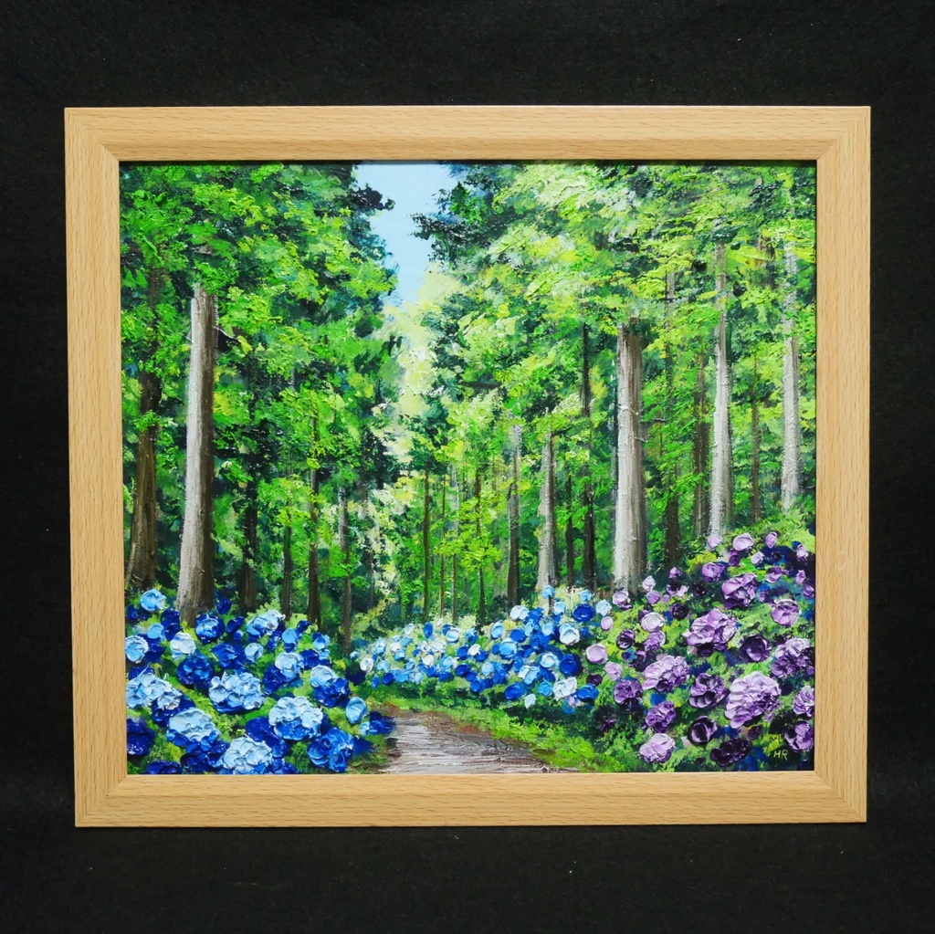 油絵「青と紫の幻想回廊」あじさい 額縁付/絵画 紫陽花 新緑 初夏 インテリア 壁掛け 原画