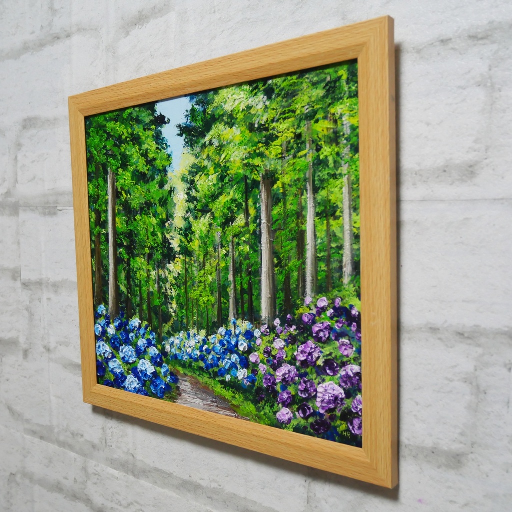 油絵「青と紫の幻想回廊」あじさい 額縁付/絵画 紫陽花 新緑 初夏 インテリア 壁掛け 原画