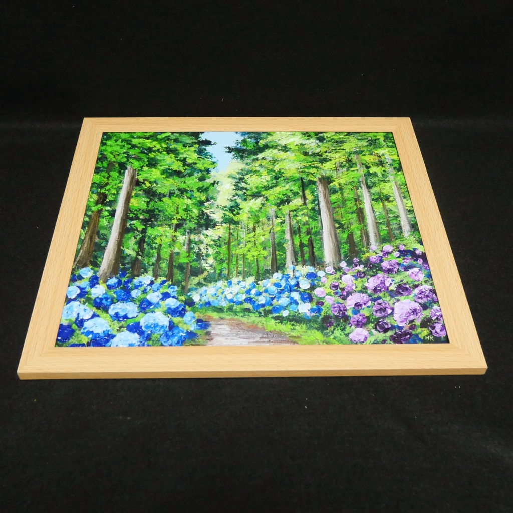 油絵「青と紫の幻想回廊」あじさい 額縁付/絵画 紫陽花 新緑 初夏 インテリア 壁掛け 原画