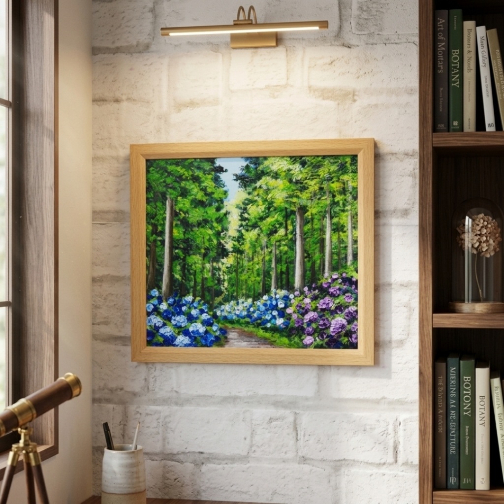 油絵「青と紫の幻想回廊」あじさい 額縁付/絵画 紫陽花 新緑 初夏 インテリア 壁掛け 原画
