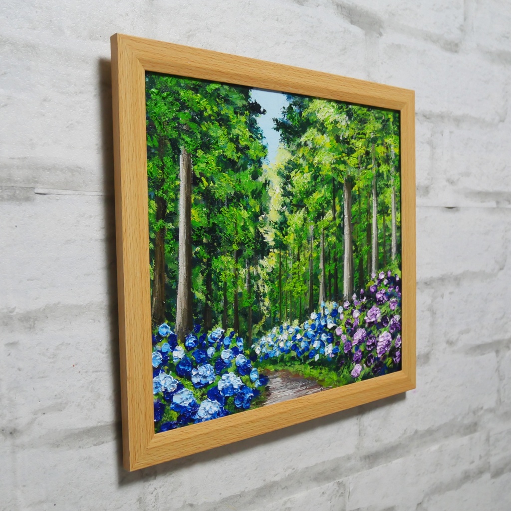 油絵「青と紫の幻想回廊」あじさい 額縁付/絵画 紫陽花 新緑 初夏 インテリア 壁掛け 原画