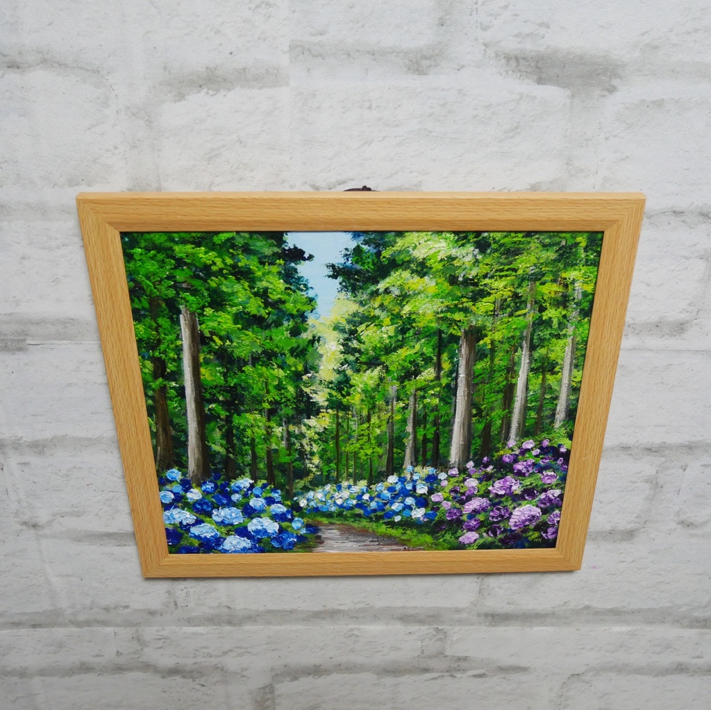油絵「青と紫の幻想回廊」あじさい 額縁付/絵画 紫陽花 新緑 初夏 インテリア 壁掛け 原画