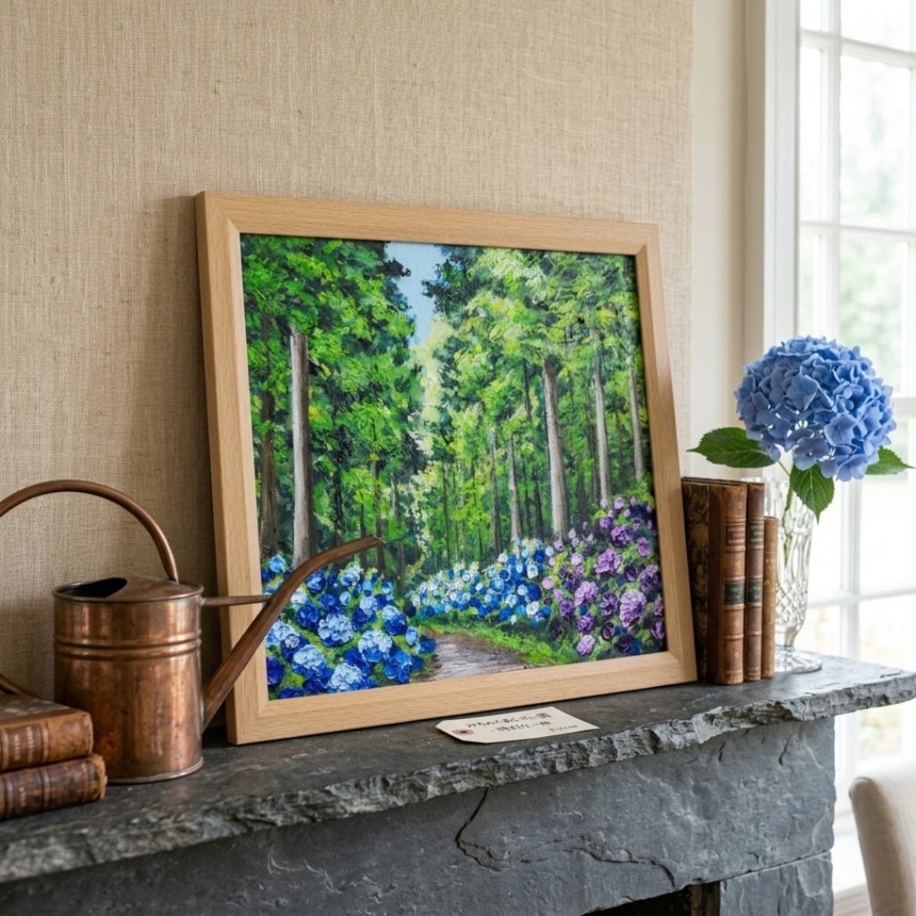 油絵「青と紫の幻想回廊」あじさい 額縁付／絵画 紫陽花 新緑 初夏 インテリア 壁掛け 原画