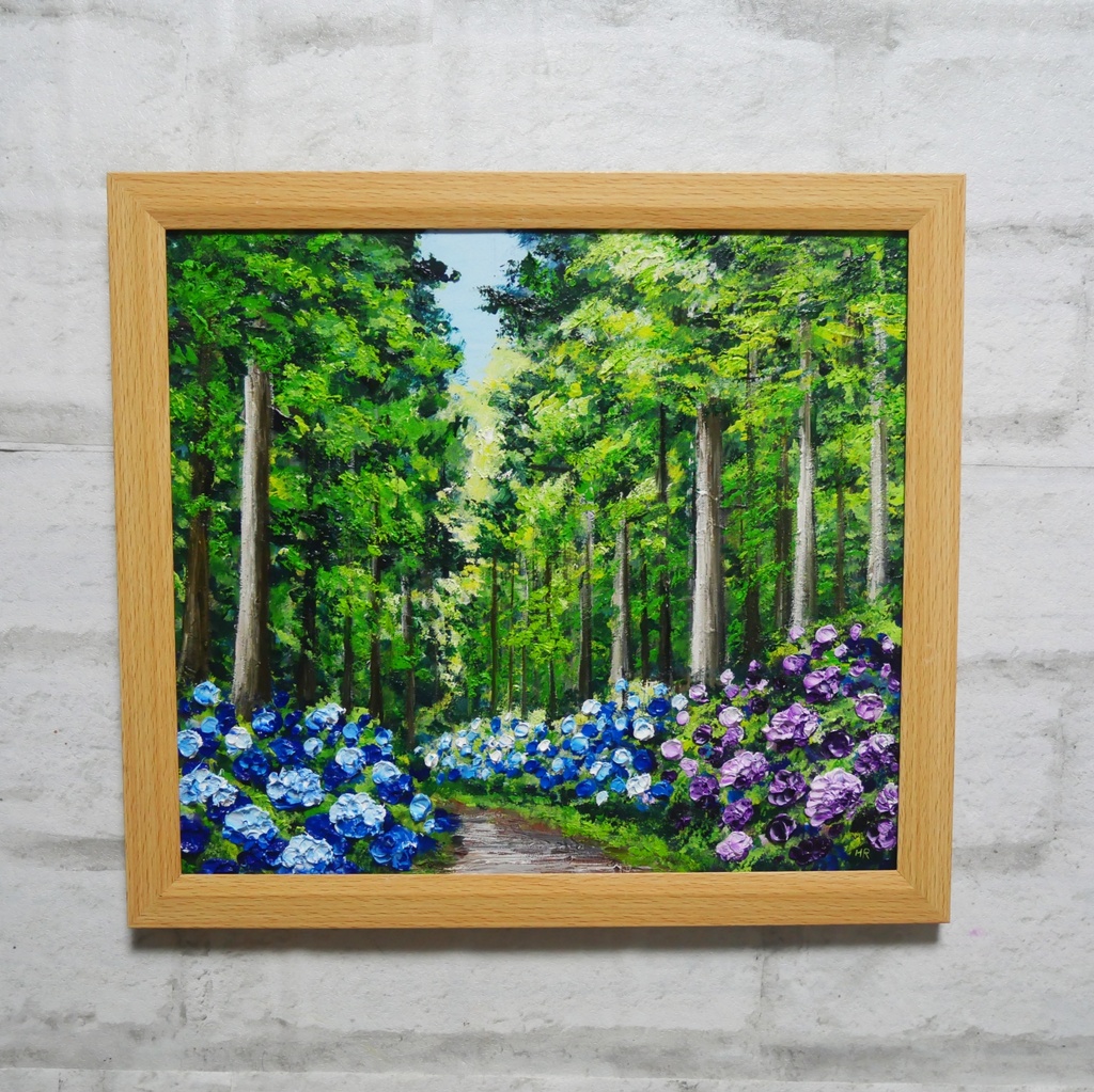 油絵「青と紫の幻想回廊」あじさい 額縁付/絵画 紫陽花 新緑 初夏 インテリア 壁掛け 原画