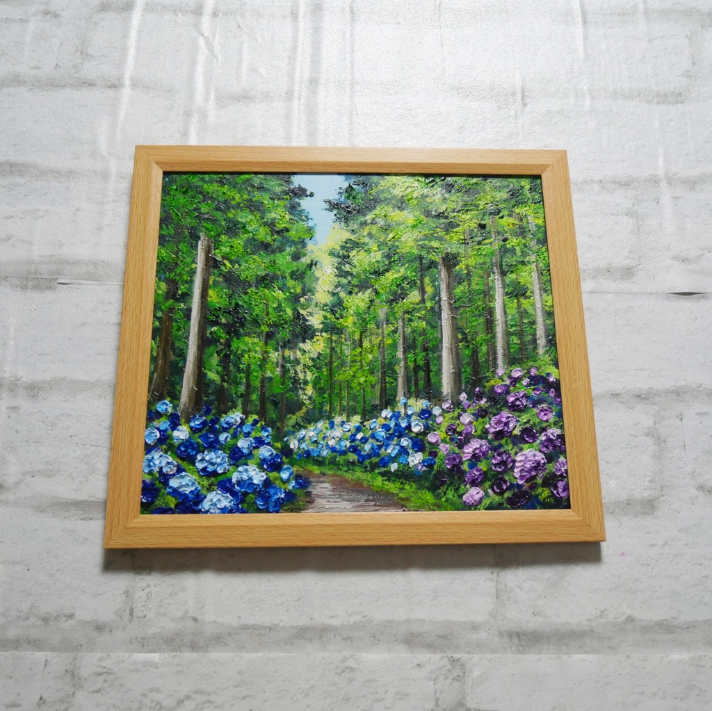 油絵「青と紫の幻想回廊」あじさい 額縁付/絵画 紫陽花 新緑 初夏 インテリア 壁掛け 原画