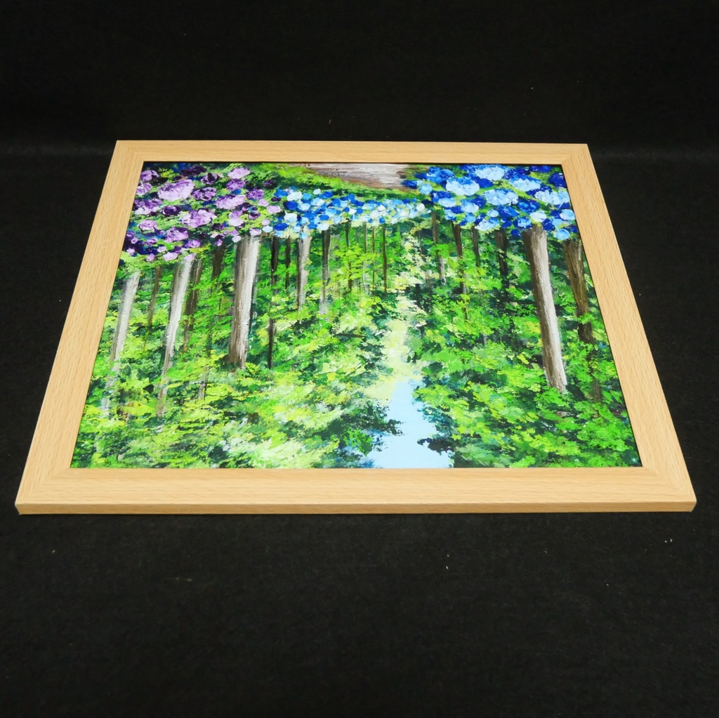 油絵「青と紫の幻想回廊」あじさい 額縁付/絵画 紫陽花 新緑 初夏 インテリア 壁掛け 原画