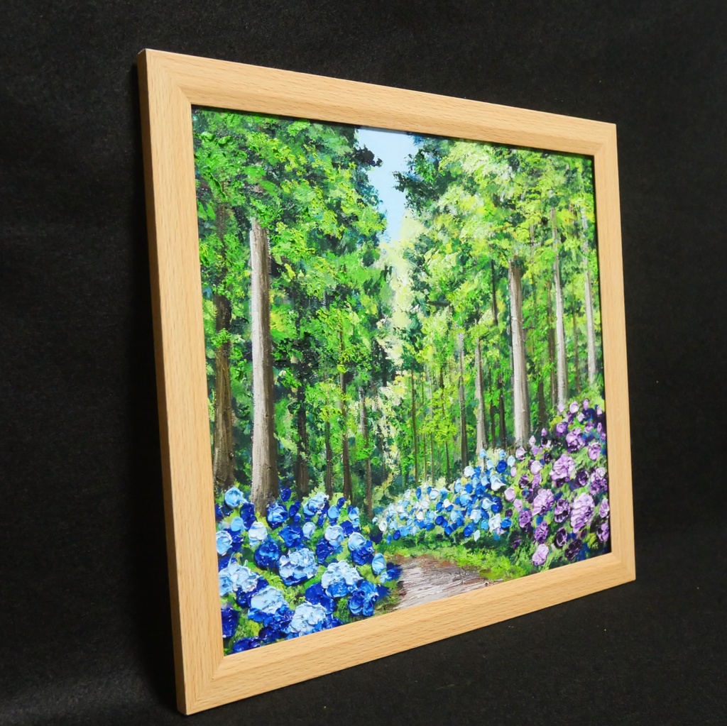 油絵「青と紫の幻想回廊」あじさい 額縁付/絵画 紫陽花 新緑 初夏 インテリア 壁掛け 原画