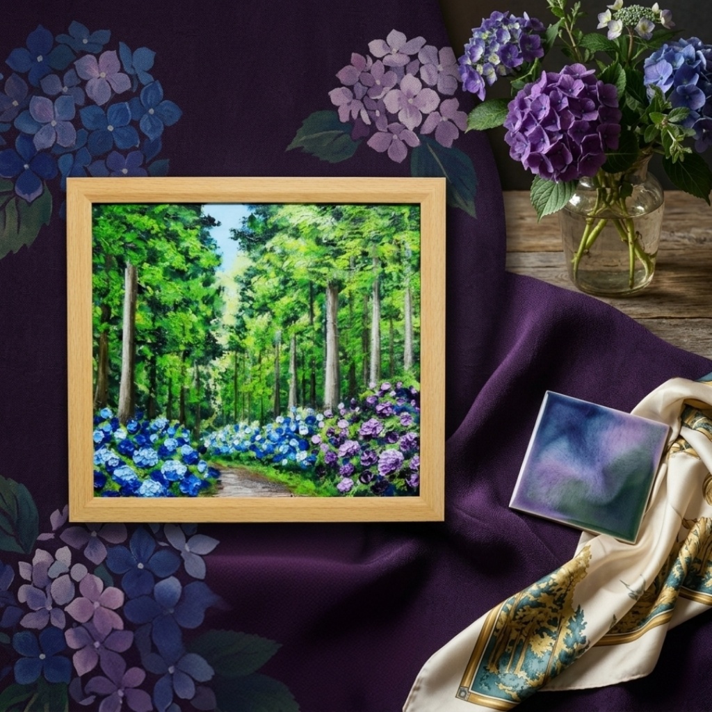 油絵「青と紫の幻想回廊」あじさい 額縁付/絵画 紫陽花 新緑 初夏 インテリア 壁掛け 原画