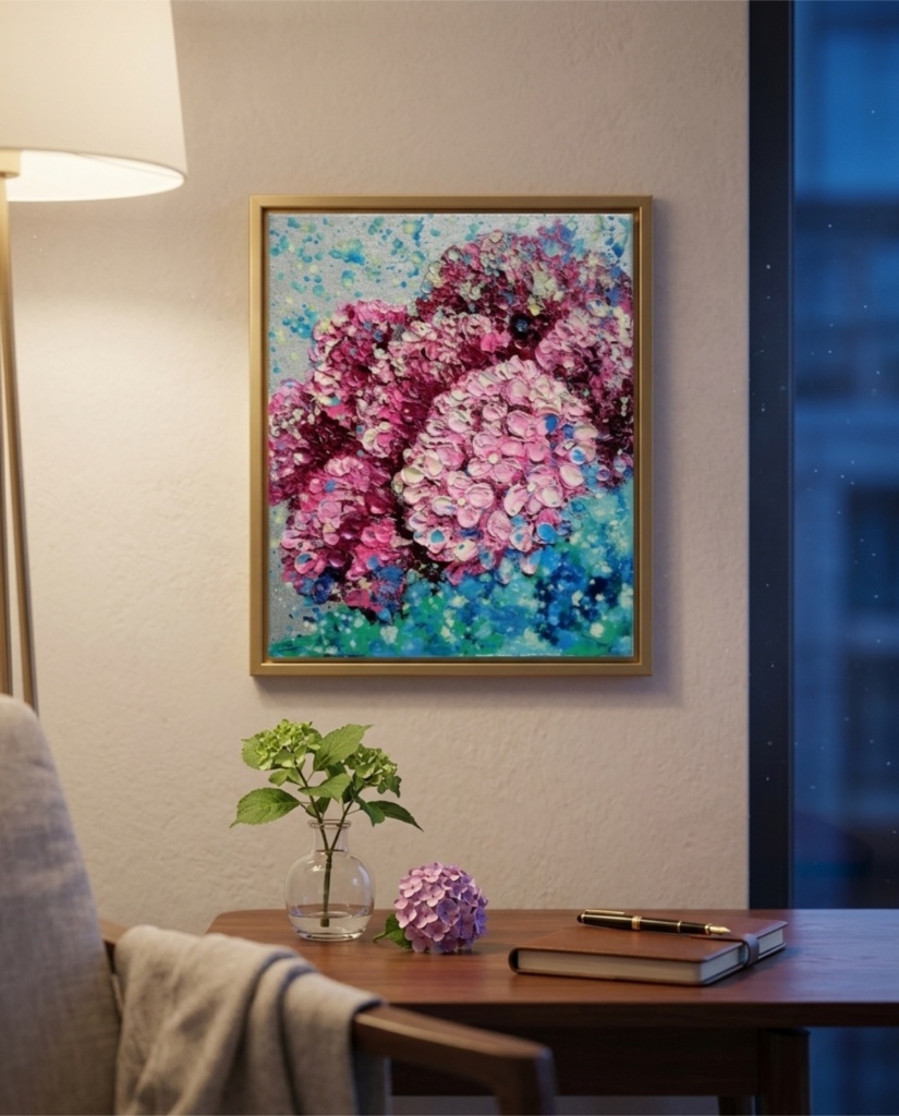 【原画】雨上がりのプレリュード / 紫陽花 油絵 絵画 インテリア アジサイ