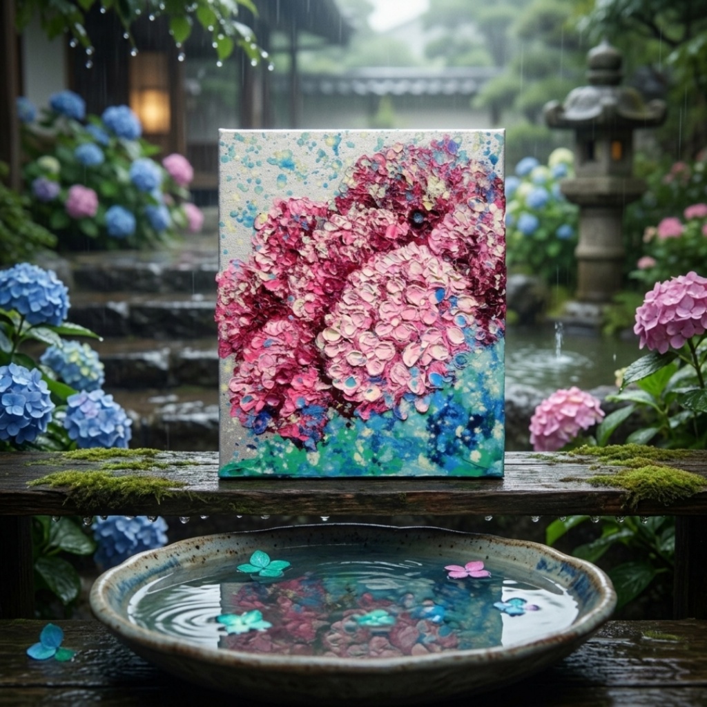 【原画】雨上がりのプレリュード / 紫陽花 油絵 絵画 インテリア アジサイ