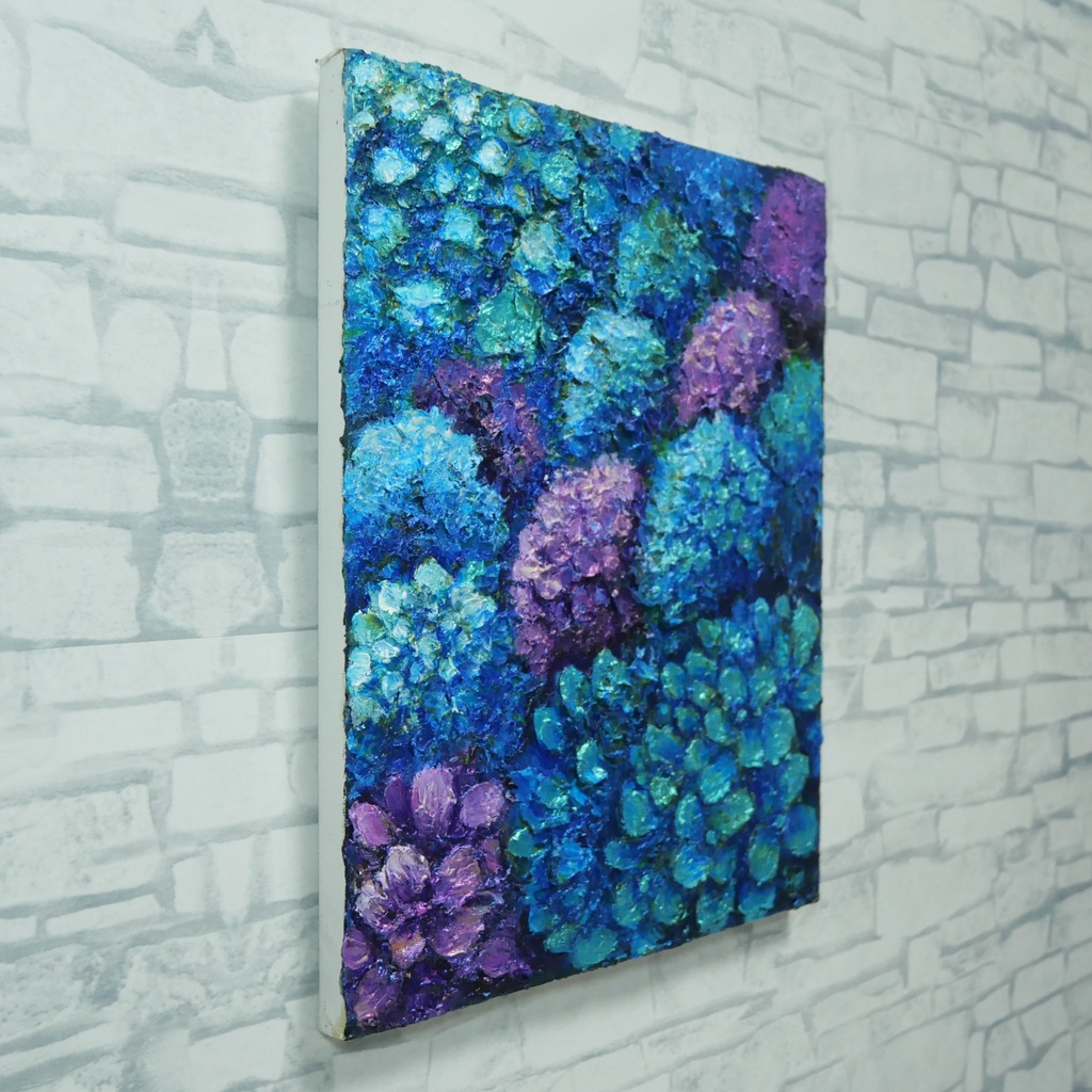 油絵 原画【群青のトパーズ】あじさい 紫陽花 絵画 インテリア 額なし 初夏 梅雨