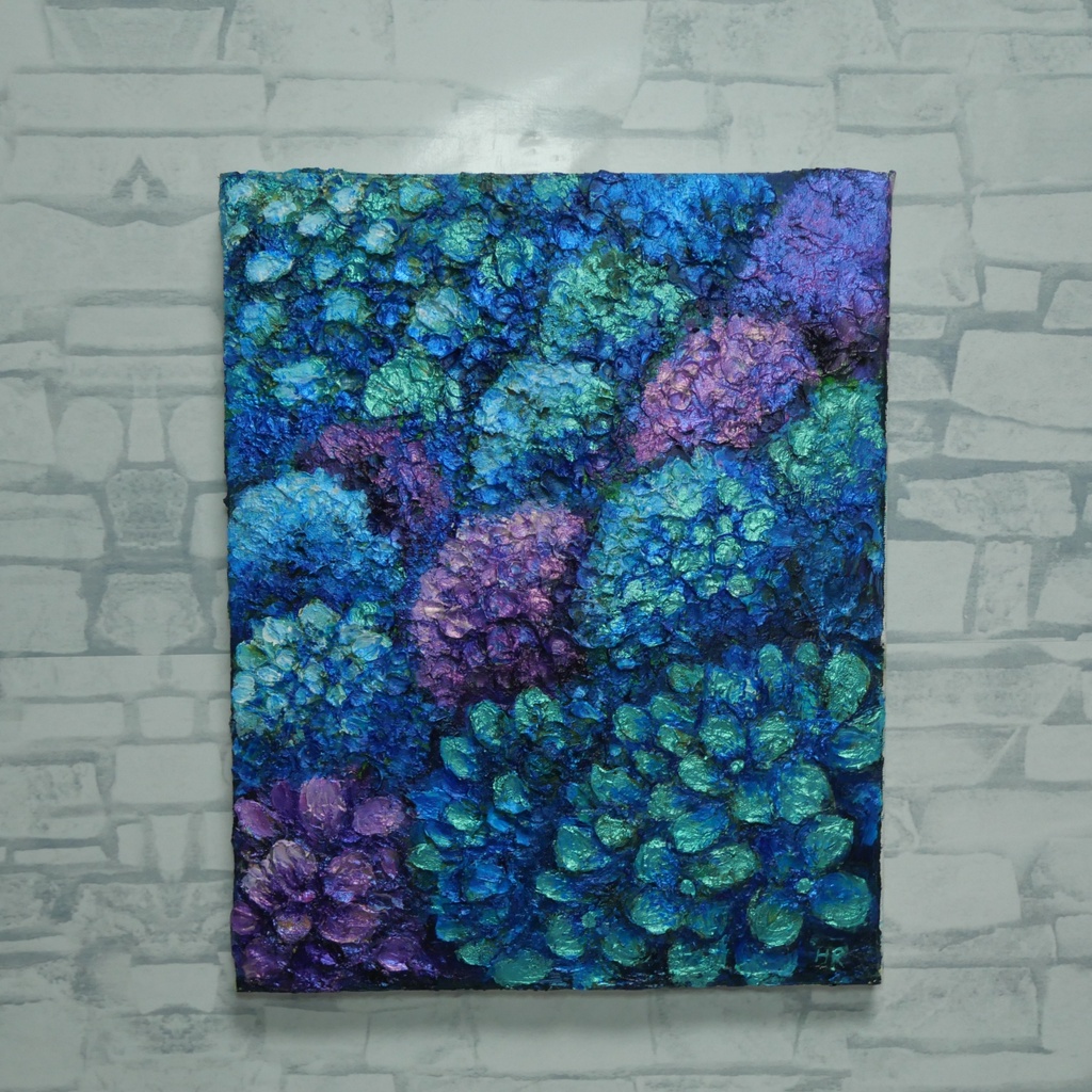 油絵 原画【群青のトパーズ】あじさい 紫陽花 絵画 インテリア 額なし 初夏 梅雨