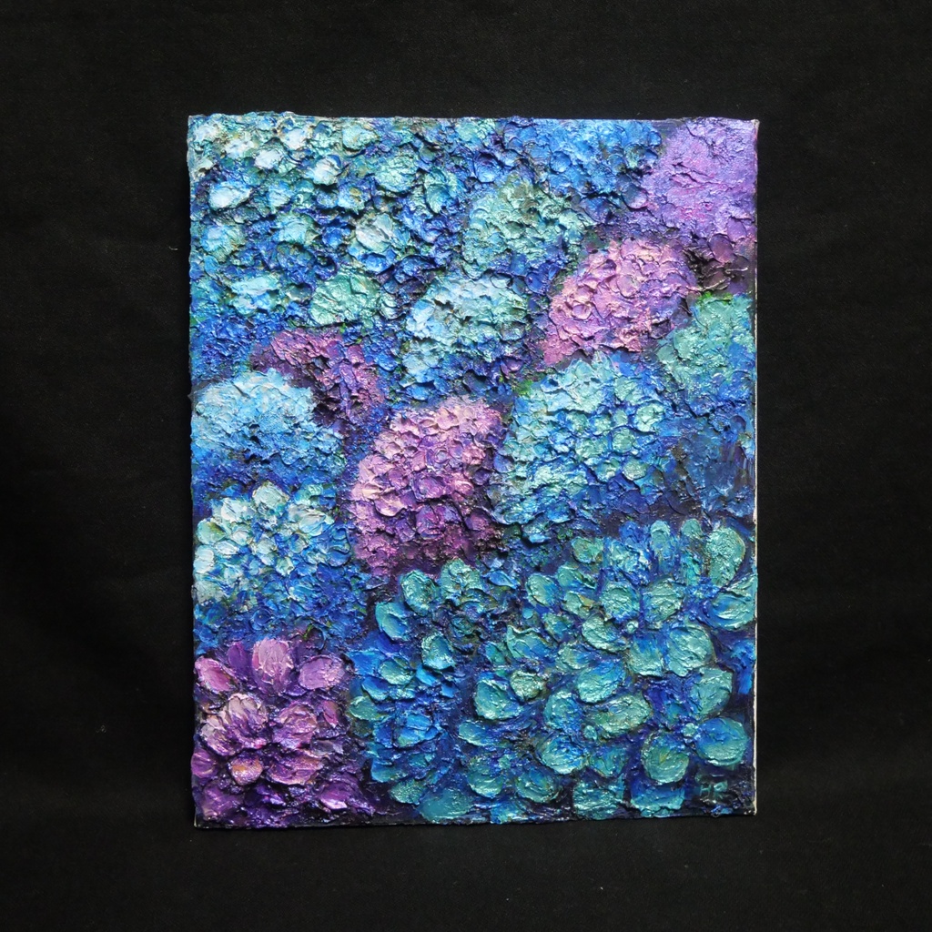 油絵 原画【群青のトパーズ】あじさい 紫陽花 絵画 インテリア 額なし 初夏 梅雨