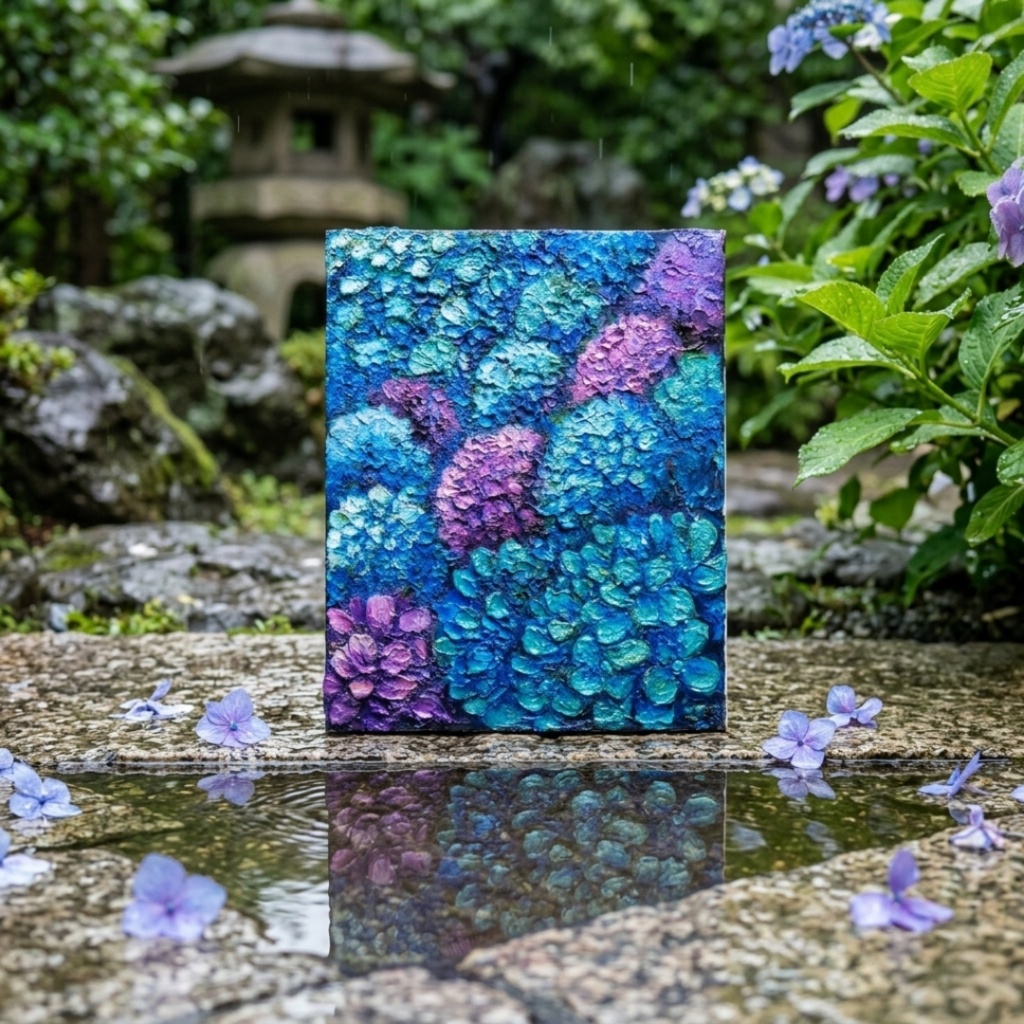 油絵 原画【群青のトパーズ】あじさい 紫陽花 絵画 インテリア 額なし 初夏 梅雨