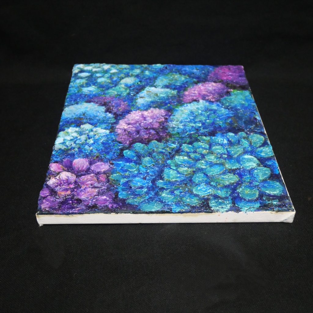 油絵 原画【群青のトパーズ】あじさい 紫陽花 絵画 インテリア 額なし 初夏 梅雨