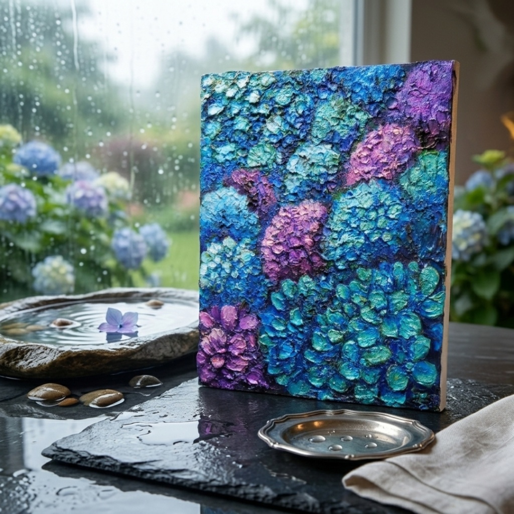 油絵 原画【群青のトパーズ】あじさい 紫陽花 絵画 インテリア 額なし 初夏 梅雨