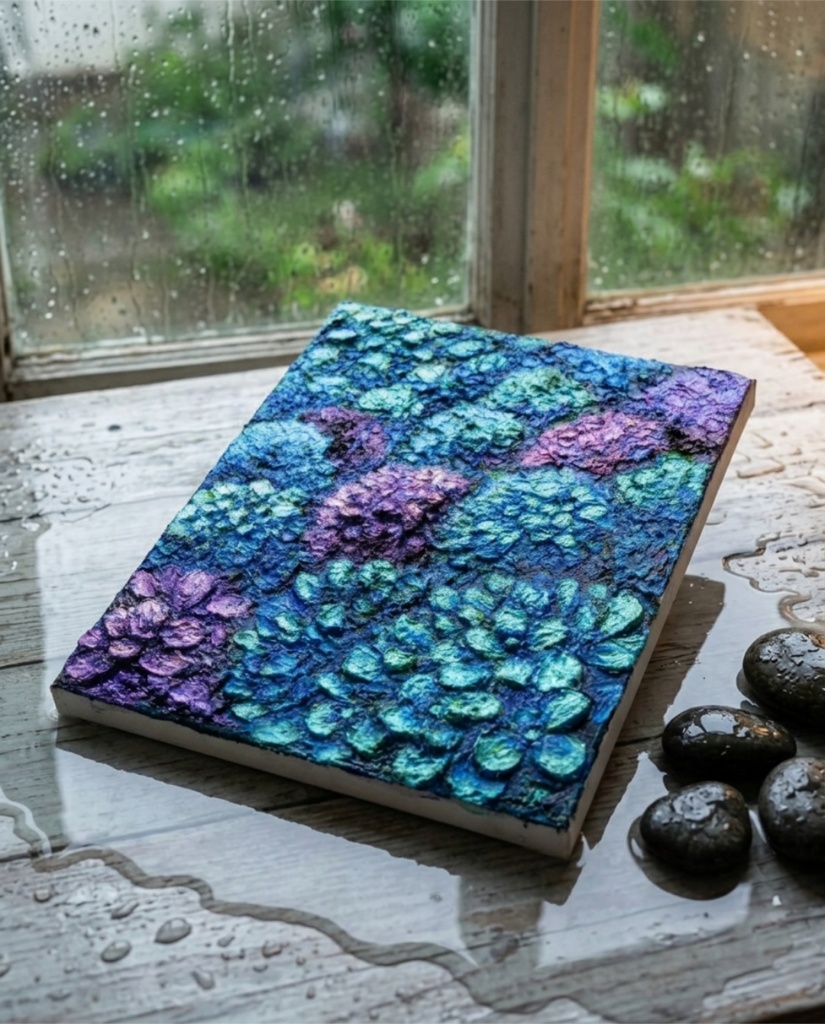 油絵 原画【群青のトパーズ】あじさい 紫陽花 絵画 インテリア 額なし 初夏 梅雨