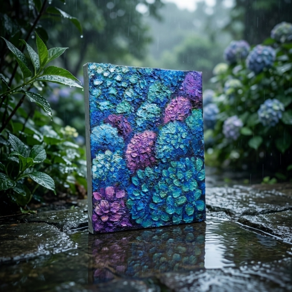 油絵 原画【群青のトパーズ】あじさい 紫陽花 絵画 インテリア 額なし 初夏 梅雨