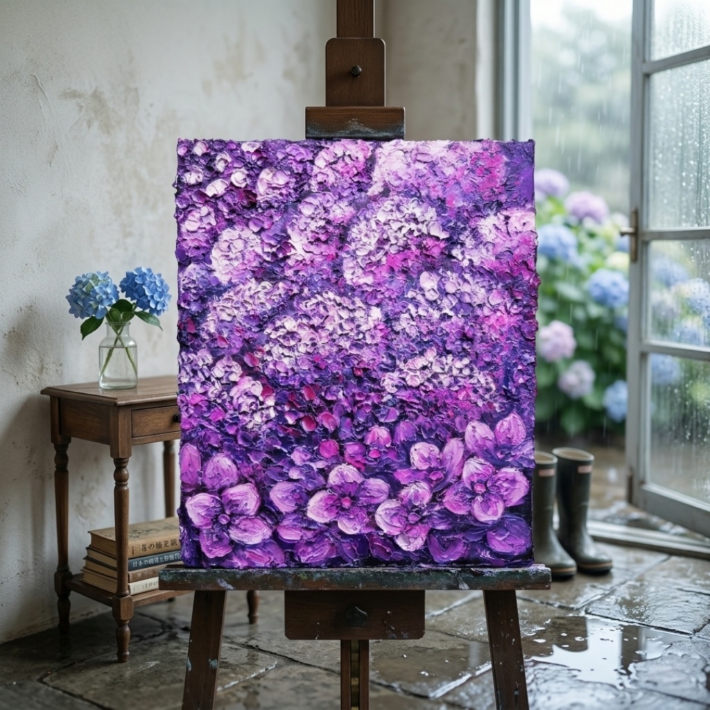 紫陽花 ハンドメイド絵画【永遠に咲く雨の宝石】油絵 原画 初夏 インテリア 壁掛け 花 アジサイ